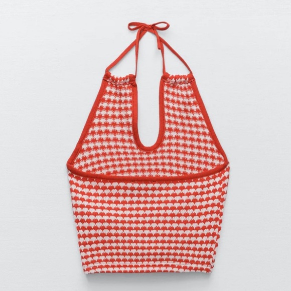 ZARA KNIT RED WHITE HALTER CROP TOP - Picture 6 of 10